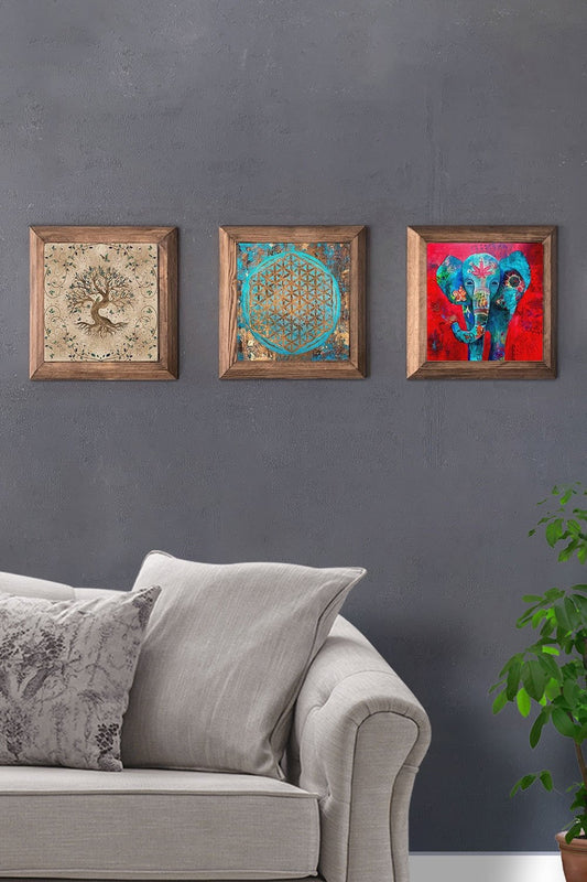 Solid (Wooden) Framed Set of 3 Stone Painting Panel 11" x 11" Tree of Life Flower of Life