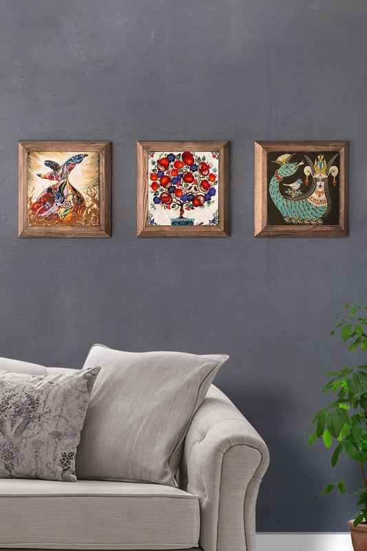Solid (Wooden) Framed Set of 3 Stone Painting Panel 11" x 11" Whirling Dervish Shahmaran Pomegranate