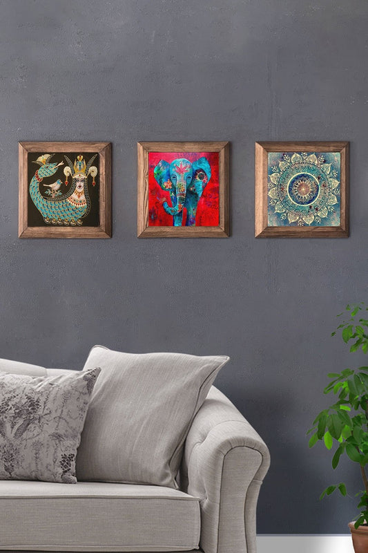 Solid (Wooden) Framed Set of 3 Stone Painting Panel 11" x 11" Shahmaran Elephant
