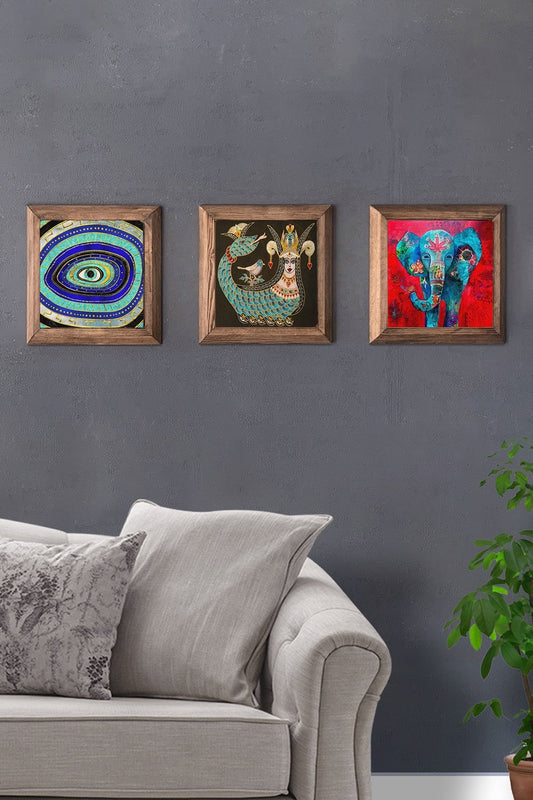 Solid (Wooden) Framed Set of 3 Stone Painting Panel 11" x 11" Evil Eye Shahmaran Elephant