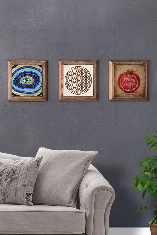 Solid (Wooden) Framed Set of 3 Stone Painting Panel 11" x 11" Pomegranate Prayer Evil Eye