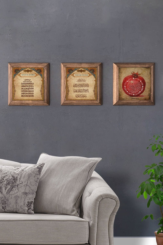 Solid (Wooden) Framed Set of 3 Stone Painting Panel 11" x 11" Ayetel Evil Eye Pomegranate Prayer