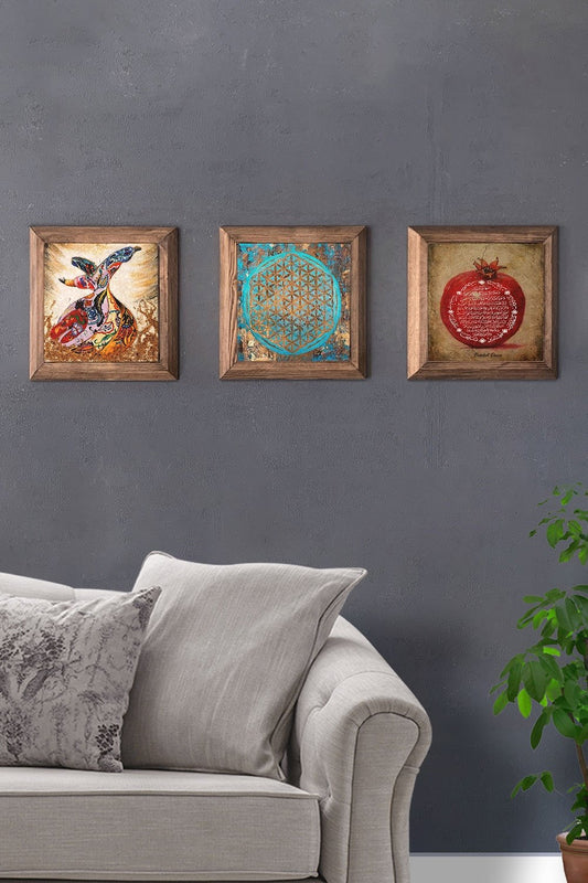 Solid (Wooden) Framed Set of 3 Stone Painting Panel 11" x 11" Whirling Dervish Flower of Life Pomegranate