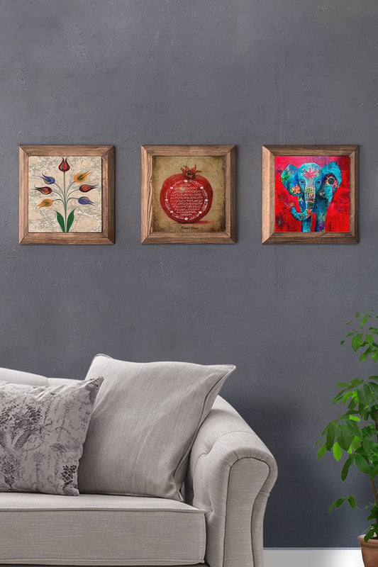Solid (Wooden) Framed Set of 3 Stone Painting Panel 11" x 11" Ebruli Pomegranate Prayer Elephant