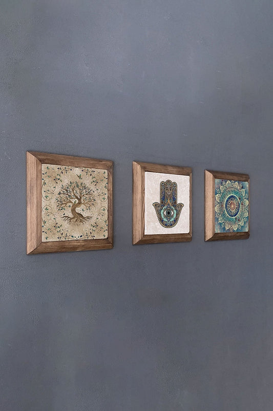 Solid (Wooden) Framed Set of 3 Stone Painting Panel 11" x 11" Tree of Life Fatma Ana Hand