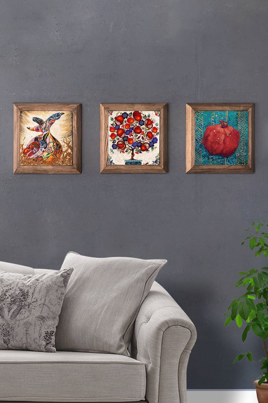 Solid (Wooden) Framed Set of 3 Stone Painting Panel 11" x 11" Whirling Dervish Pomegranate Tree and Pomegranate