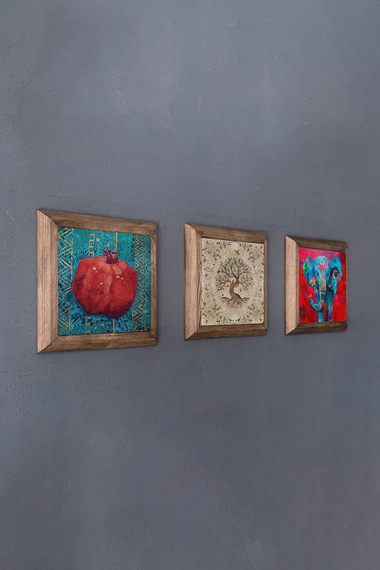 Solid (Wooden) Framed Set of 3 Stone Painting Panel 11" x 11" Pomegranate Elephant Tree of Life