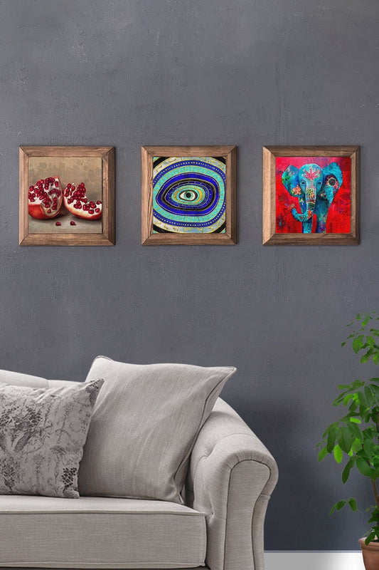Solid (Wooden) Framed Set of 3 Stone Painting Panel 11" x 11" Elephant Evil Eye Pomegranate