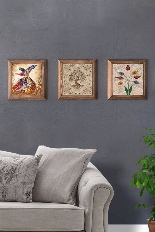 Solid (Wooden) Framed Set of 3 Stone Painting Panel 11" x 11" Whirling Dervish Tree of Life Marbling
