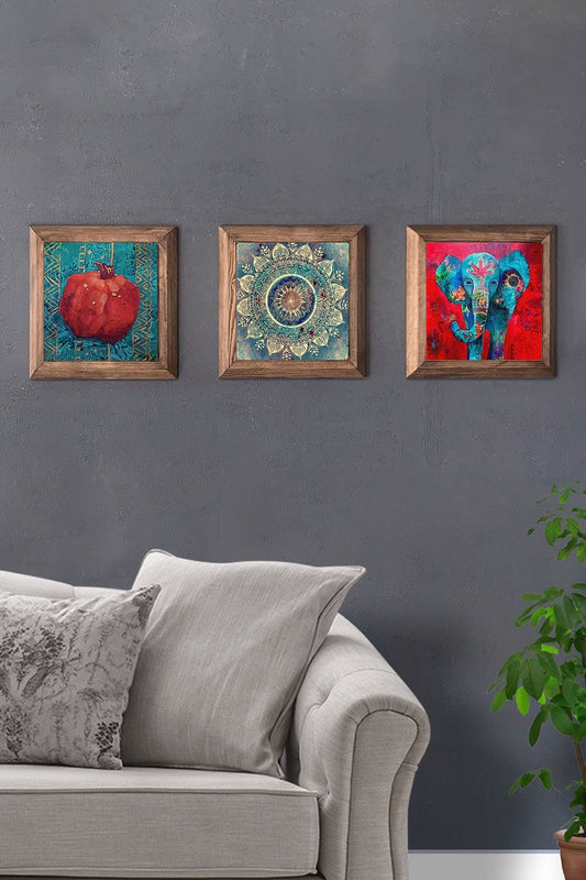 Solid (Wooden) Framed Set of 3 Stone Painting Panel 11" x 11" Pomegranate and Elephant