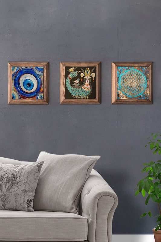 Solid (Wooden) Framed Set of 3 Stone Painting Panel 11" x 11" Shahmeran Evil Eye Bead