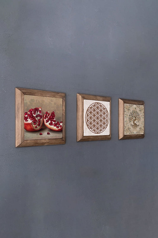 Solid (Wooden) Framed Set of 3 Stone Painting Panel 11" x 11" Tree of Life Flower of Life