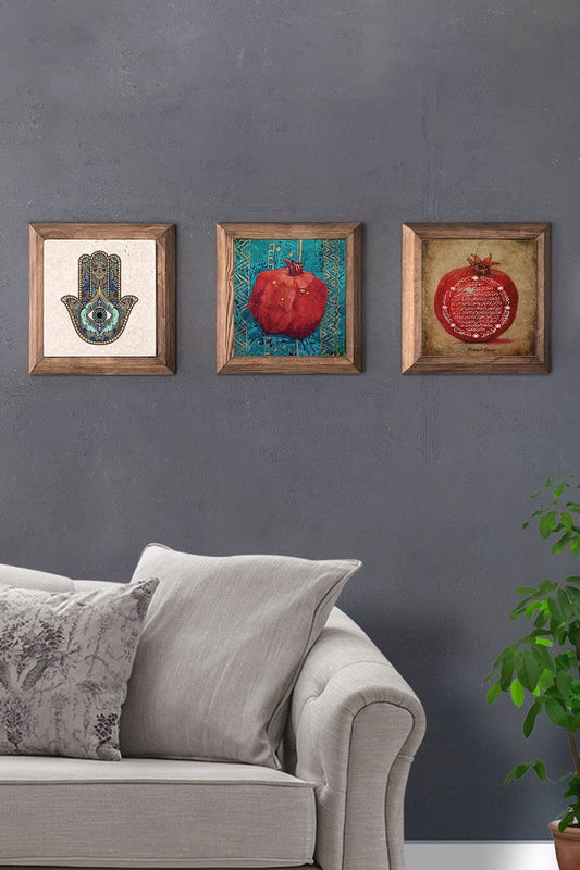 Solid (Wooden) Framed Set of 3 Stone Painting Panel 11" x 11" Nar Fatma Ana Nar Prayer