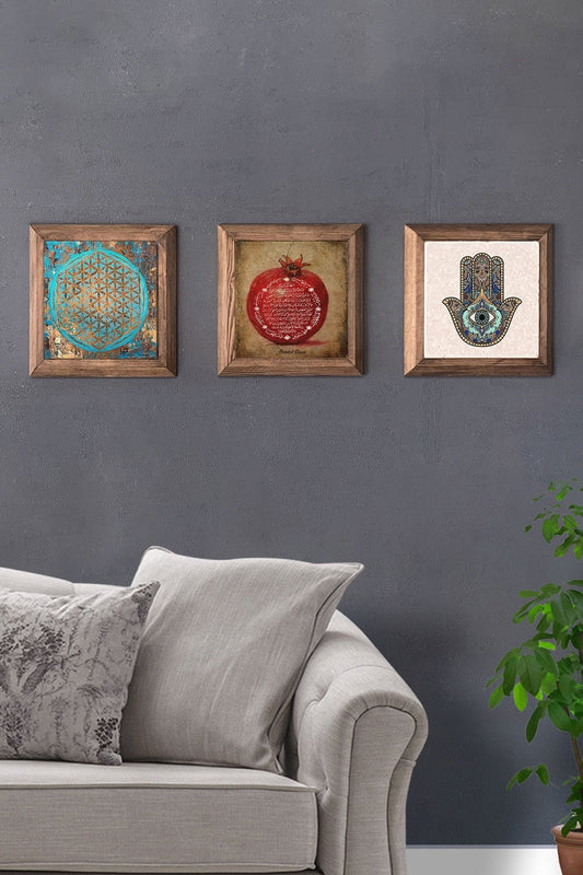 Solid (Wooden) Framed Set of 3 Stone Painting Panel 11" x 11" Flower of Life Pomegranate Fatma Ana