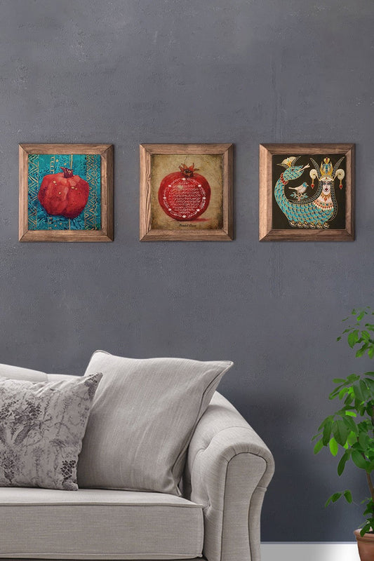 Solid (Wooden) Framed Set of 3 Stone Painting Panel 11" x 11" Pomegranate Shahmaran Pomegranate Prayer