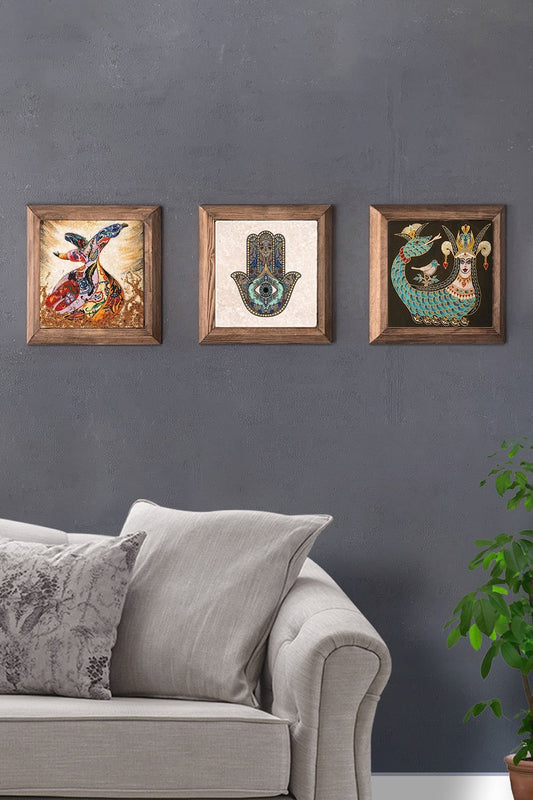 Solid (Wooden) Framed Set of 3 Stone Painting Panel 11" x 11" Semzen Şahmeran Fatma Ana