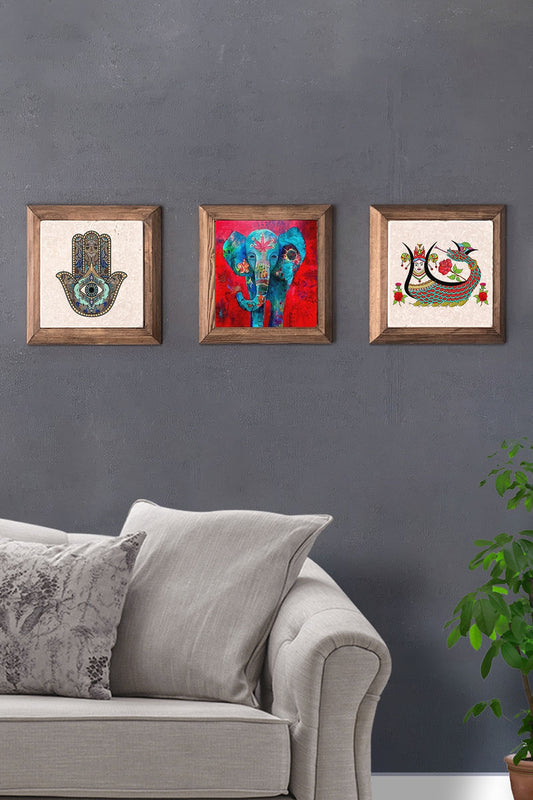 Solid (Wooden) Framed Set of 3 Stone Painting Panel 11" x 11" Elephant Fatma Ana Şahmeran