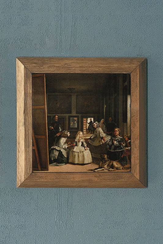 Solid Framed Natural Stone Painting 11" x 11" Las Meninas (Bridesmaids) Diego Velazquez