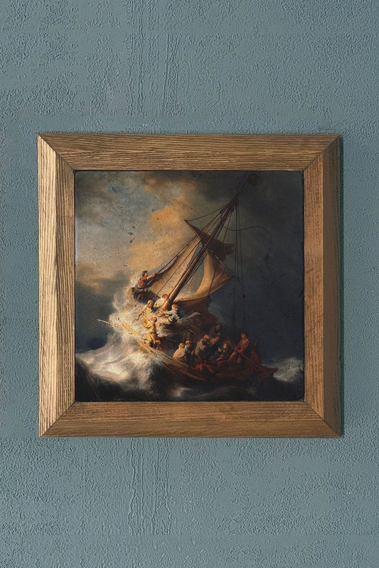 Solid Framed Natural Stone Painting 11" x 11" The Storm on the Sea of Galilee Rembrandt