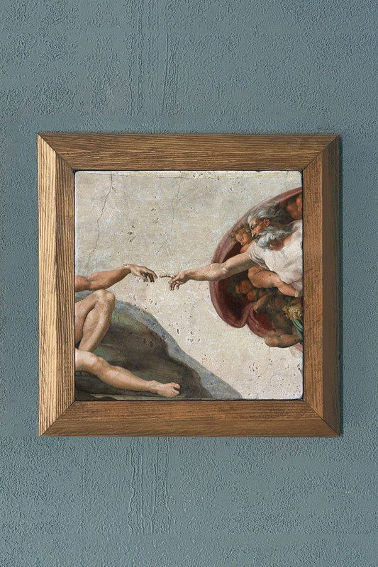 Solid Framed Natural Stone Painting 11" x 11" The Creation of Adam Michelangelo Buonarroti