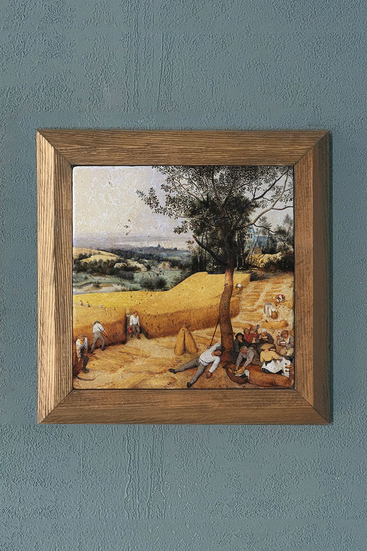 Solid Framed Natural Stone Painting 11" x 11" The Harvesters Pieter Bruegel the Elder