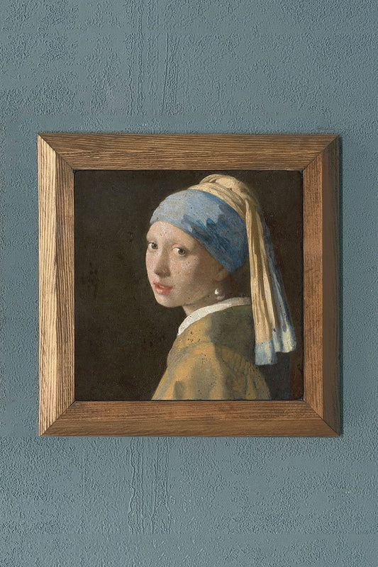 Solid Framed Natural Stone Painting 11" x 11" Girl with a Pearl Earring