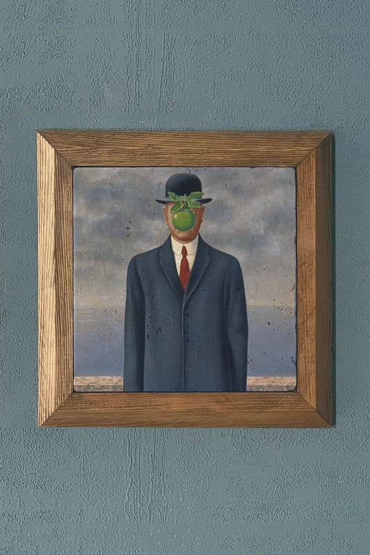 Solid Framed Natural Stone Painting 11" x 11" The Son of Man Rene Magritte