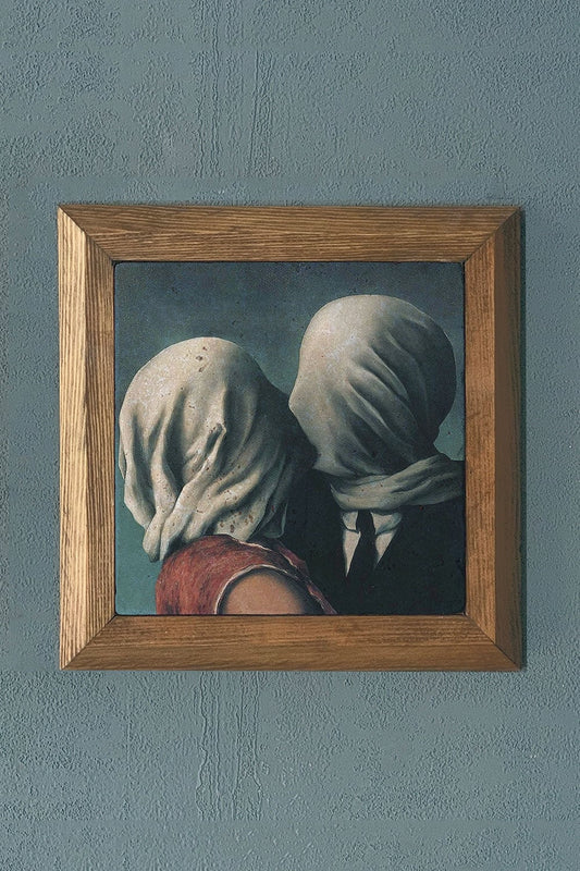 Solid Framed Natural Stone Painting Panel 11" x 11" The Lovers René Magritte