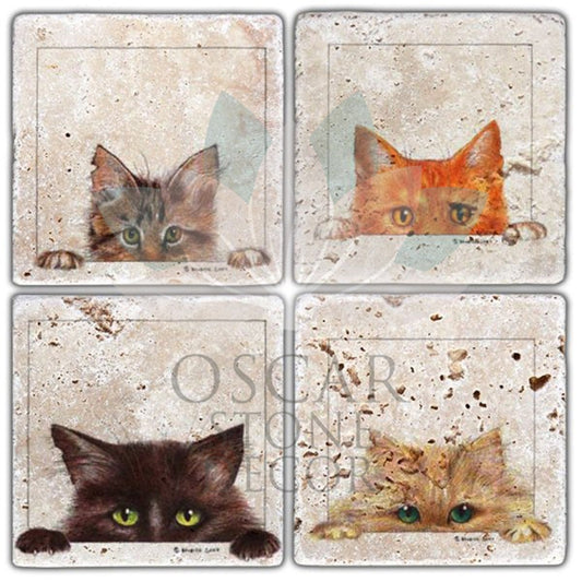 CURIOUS CATS 4-Piece NATURAL STONE COASTERS / BA222 (COASTER)