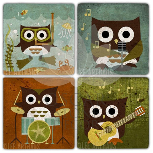 MUSICIAN OWL 4-Piece NATURAL STONE COASTERS / BA323 (COASTER)
