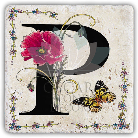 LETTER P SINGLE NATURAL STONE COASTER / BA-P3 (COASTER)