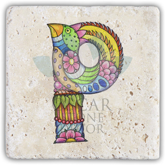 LETTER P SINGLE NATURAL STONE COASTER / BA-P5 (COASTER)