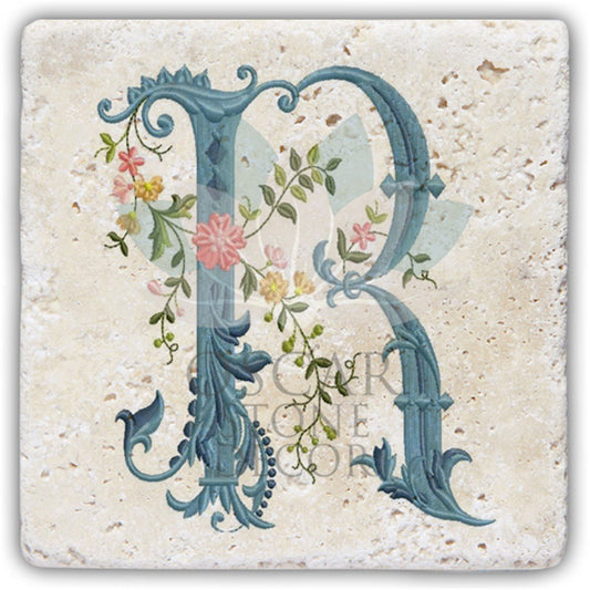 LETTER R SINGLE NATURAL STONE COASTER / BA-R4 (COASTER)