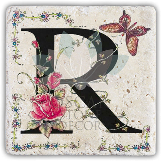 LETTER R SINGLE NATURAL STONE COASTER / BA-R3 (COASTER)