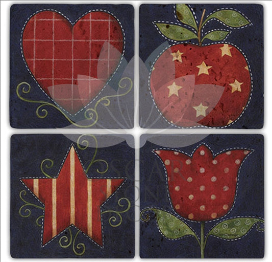 RED WORK 4-Piece NATURAL STONE COASTERS / BA220 (COASTER)