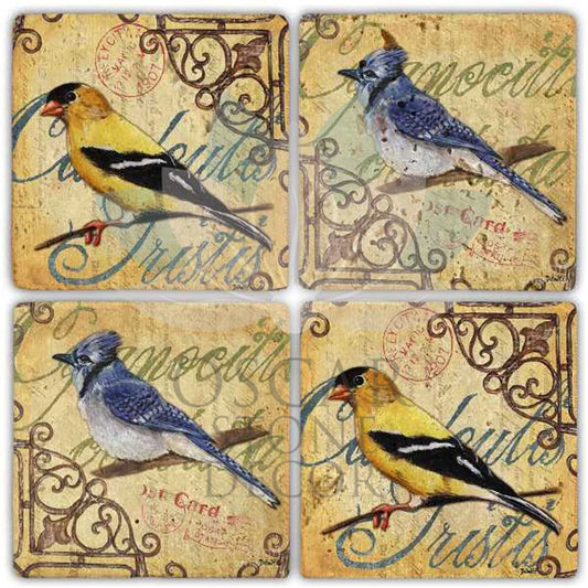 YELLOW-BLUE BIRD 4-Piece NATURAL STONE COASTERS / BA259 (COASTER)