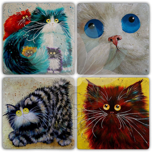 SURPRISED CATS 4-Piece NATURAL STONE COASTERS / BA384 (COASTER)
