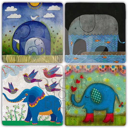 CUTE ELEPHANTS 4-Piece NATURAL STONE COASTERS / BA365 (COASTER)