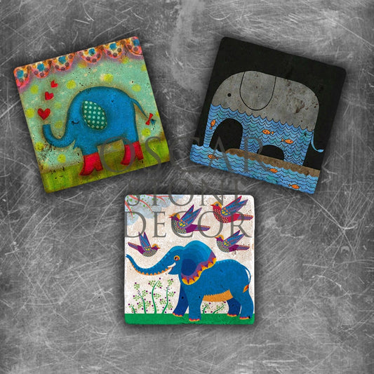 CUTE ELEPHANTS NATURAL STONE MAGNET SET / MG-115