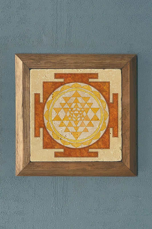 Sri Yantra Solid Wooden Framed Stone Painting -Wall Decoration-11" x 11"