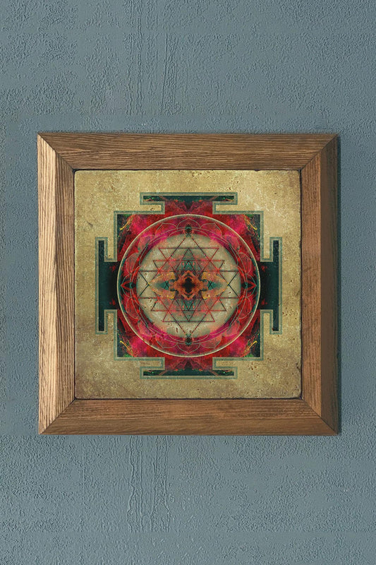 Sri Yantra Solid Wooden Framed Stone Painting -Wall Decoration-11" x 11"