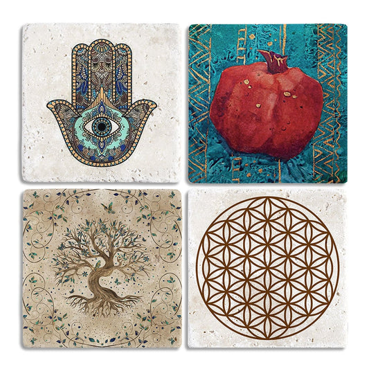 Stone Coasters - Set of 4 Pomegranate Flower of Life Fatma Ana Eli