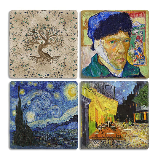 Stone Coasters - Set of 4 with Gogh Paintings and Tree of Life