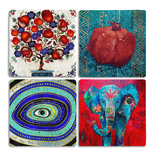 Stone Coasters - Set of 4 Pomegranate Tree and Elephant and Evil Eye