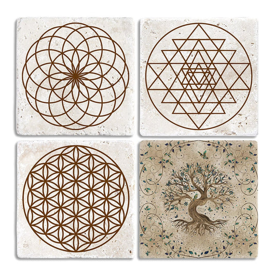 Stone Coasters - Set of 4 Lotus Sri Yantra Flower of Life