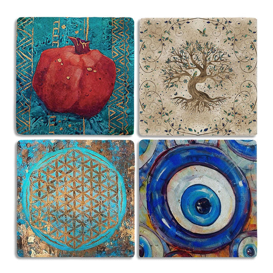 Stone Coasters - Set of 4 Tree of Life Pomegranate Flower of Life
