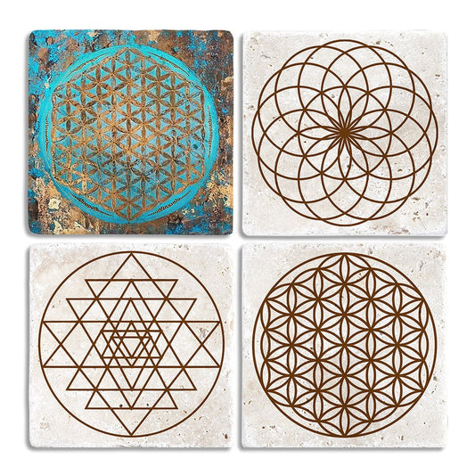Stone Coasters - Set of 4 Lotus Sri Yantra Flower of Life