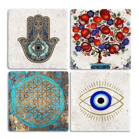 Stone Coasters - Set of 4 Evil Eye Bocugu Fatma Ana Eli Pomegranate Tree