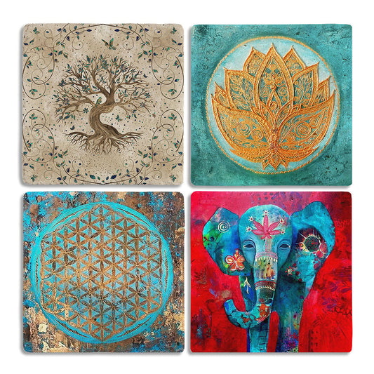 Stone Coasters - Set of 4 Elephant Lotus and Flower of Life