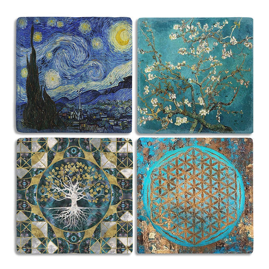 Stone Coasters - Set of 4 Van Gogh Paintings and Tree of Life